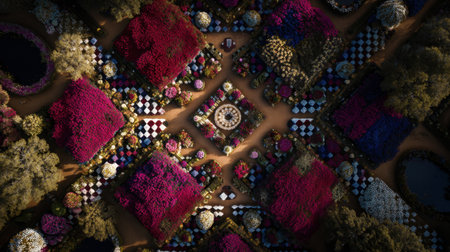 Stunning aerial view of an exquisite flower garden showcasing colorful blossoms arranged in intricate geometric patterns under bright sunlight, perfect for nature enthusiasts.の素材