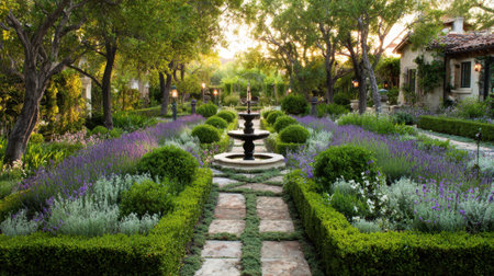A serene garden landscape featuring lush greenery and a beautiful fountain, accented by vibrant lavender and decorative shrubs, perfect for relaxation and outdoor enjoyment.の素材