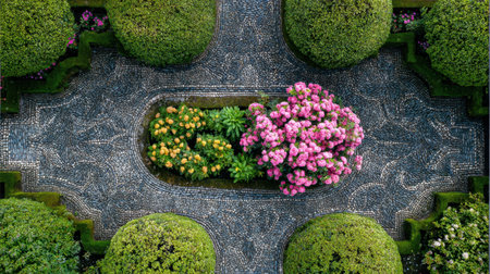 Stunning aerial view showcasing an exquisite garden filled with vibrant flowers and neatly trimmed greenery, set amidst decorative pathways that invite relaxation and peace.の素材