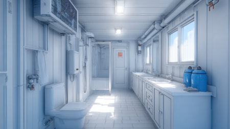 Bright and airy bathroom interior featuring modern fixtures and a clean design, ideal for showcasing contemporary living spaces and thoughtful organization in home environments.の素材