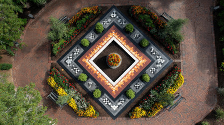 This stunning aerial view showcases an intricately designed garden, featuring vibrant floral beds and symmetry that invites tranquility and beauty to any public park.の素材