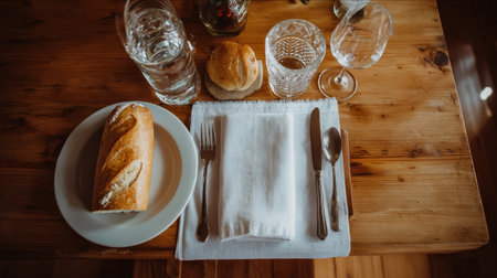 A warm and inviting dining experience featuring fresh bread, elegant cutlery, and water glasses on a rustic wooden table, perfect for sharing meals together.の素材