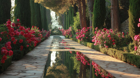 A beautiful garden pathway lined with vibrant pink roses and lush greenery, featuring reflections in still water, creating a peaceful and serene outdoor escape.の素材