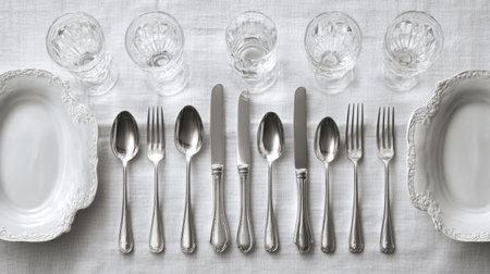 A refined table setting featuring silver flatware and crystal glassware elegantly arranged on a linen tablecloth, perfect for special occasions or upscale dining.の素材