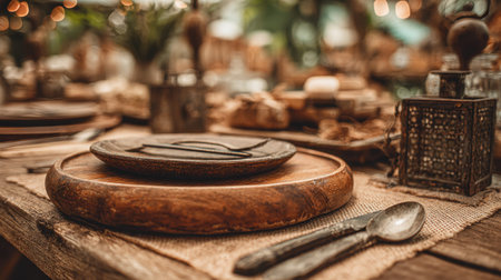 A beautiful rustic table setup featuring wooden plates and vintage cutlery, creating an inviting atmosphere for outdoor dining and memorable gatherings.の素材