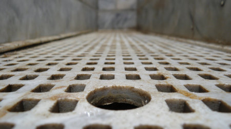 Close-up view of a textured grate surface with a circular drain hole, showcasing the rustic charm of natural stone in an industrial setting, perfect for design inspiration.の素材