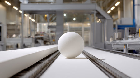 A white sphere rests on a production line in a modern factory setting, showcasing machinery in action and emphasizing the manufacturing process and technology engagement.の素材