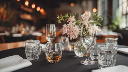 An inviting dining setup featuring elegant glassware and beautiful flowers, creating a warm and charming atmosphere perfect for intimate gatherings or special occasions.の素材