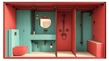 A striking modern bathroom showcasing a unique blend of bold red and aqua colors, emphasizing minimalist design, stylish fixtures, and a focus on functionality and aesthetics.の素材