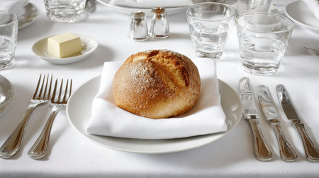A beautifully arranged dining table showcasing a freshly baked artisan bread loaf on a white plate, capturing the essence of a sophisticated dining experience.の素材