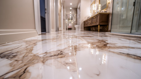 A stunning view of a marble floor showcasing intricate patterns, reflecting light beautifully. This luxurious design creates an elegant and serene atmosphere in a stylish interior space.の素材