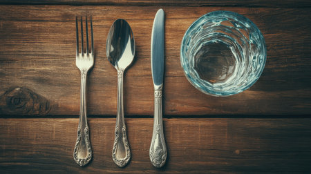 A beautifully arranged table setting featuring silver cutlery, a clear glass, and rustic wooden background, ideal for culinary and dining-themed photography showcasing elegance.の素材