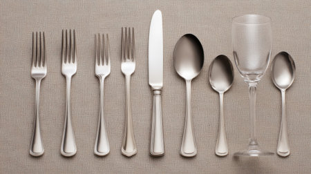 A beautiful arrangement of cutlery including forks, knives, and spoons alongside a crystal glass, all set on sophisticated table linen for an exquisite dining experience.の素材