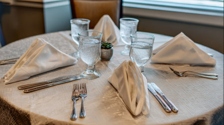 Captivating image of an elegant dining table with pristine folded napkins and refreshing water glasses, perfect for upscale events and special dining experiences.の素材