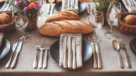 A beautifully arranged dining table featuring fresh bread, elegant cutlery, and vibrant seasonal flowers, creating a warm and inviting atmosphere for any gathering.の素材