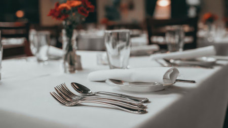 A beautifully arranged dining table in a restaurant featuring polished silverware, an elegant napkin, and fresh flowers, creating a warm and inviting atmosphere for guests.の素材