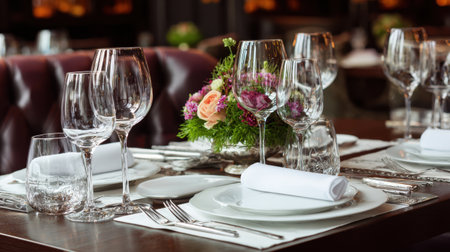 A beautifully arranged dining table showcases crystal glassware and a colorful floral centerpiece, creating an inviting and luxurious atmosphere for any fine dining experience.の素材