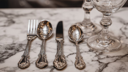 A stunning arrangement of elegant silver cutlery and fine glassware placed on a marble tabletop, creating a sophisticated atmosphere for a luxurious dining experience.の素材
