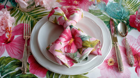 Discover an elegant table setting featuring a floral napkin and tropical tablecloth, perfect for summer gatherings, stylish dinner parties, and festive occasions with friends and family.の素材