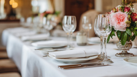 A beautifully arranged dining table ready for a special event, featuring exquisite glassware, elegant cutlery, and a charming floral centerpiece for an upscale dining experience.の素材