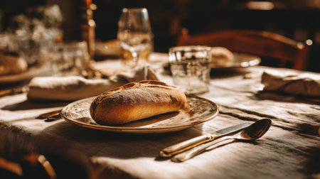A beautifully arranged table setting featuring warm, freshly baked bread on a classic plate. The scene captures a cozy ambiance with soft, natural light, inviting moments of togetherness.の素材