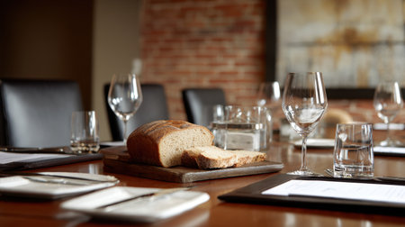 A beautifully arranged dining table set for a business meeting, showcasing fresh bread, elegant glassware, and a warm rustic ambiance surrounded by stylish decor.の素材