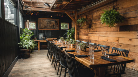 Enjoy the inviting atmosphere of this rustic dining area featuring warm wood tones, ample seating, and lush greenery, perfect for memorable gatherings and events.の素材