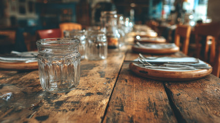 A beautifully arranged rustic wooden table in a cozy restaurant setting, featuring inviting glass jars and cutlery, perfect for a warm dining experience.の素材