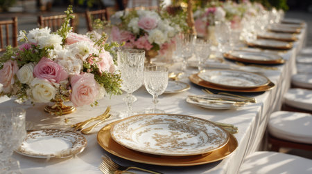 Discover a beautifully arranged dining table featuring fine china and exquisite floral centerpieces, perfect for weddings or elegant gatherings. A feast for the eyes!の素材