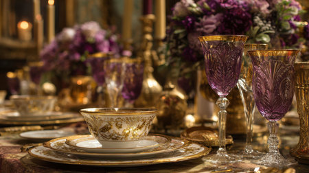 A stunning dining table adorned with fine china and crystal glassware, surrounded by lovely purple blooms, creating a warm and elegant atmosphere for any special occasion.の素材