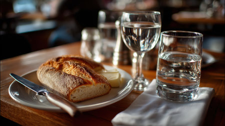 A warm wooden table setting featuring freshly baked bread alongside slices of cheese and chilled glasses of water, ideal for a cozy dining experience.の素材