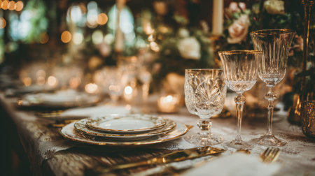 A beautifully arranged table setting featuring exquisite crystal glassware, fine china, and soft candlelight, creating an inviting and elegant atmosphere for special occasions.の素材