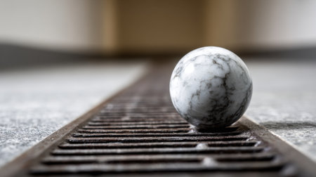 A white marble sphere rests on a rustic metal grate, showcasing intricate textures and patterns. The blurred background enhances the minimalist aesthetic and artistic composition.の素材