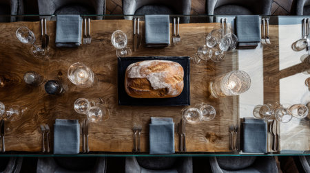 An overhead view of a beautifully arranged dining table showcasing fresh bread, glassware, and elegant utensils, creating a warm and inviting atmosphere for any occasion.の素材