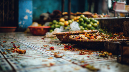 Captured in a bustling marketplace, this image showcases a mixture of fresh fruits and vegetables amidst a vibrant, rustic background, highlighting local commerce.の素材