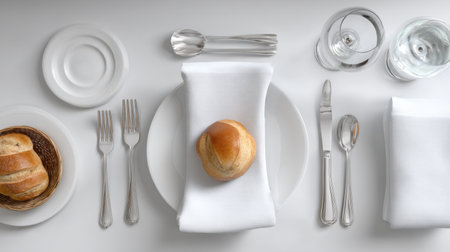 A beautifully arranged dining table setting featuring a fresh roll, silver cutlery, and crisp white linens, showcasing elegance and perfect for formal dining experiences.の素材