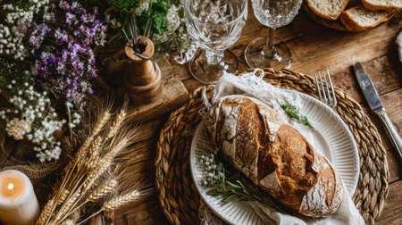 Experience a cozy dining atmosphere with a rustic table setting featuring freshly baked bread, elegant glassware, and delicate floral arrangements perfect for gatherings.の素材
