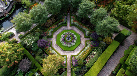 This stunning aerial shot captures the intricate layout of a beautifully manicured garden, showcasing vibrant flowers, lush trees, and serene water features, ideal for outdoor enthusiasts.の素材