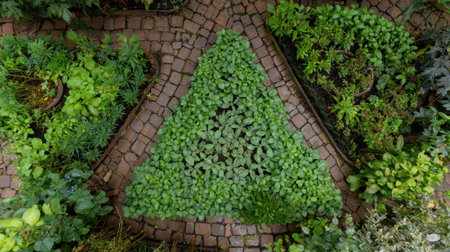 This captivating aerial view captures a triangular herb garden nestled among lush greenery and a charming stone pathway, showcasing creative landscaping ideas for urban gardening.の素材