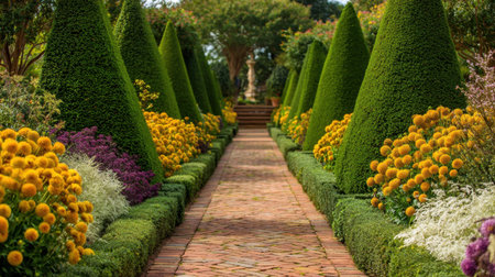 This enchanting garden pathway features a stunning arrangement of topiary, vibrant flowers, and a calming fountain, creating a picturesque setting that invites relaxation and peace.の素材