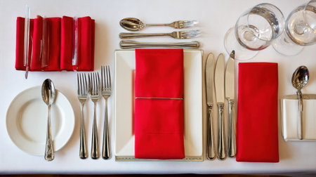 Experience a sophisticated table setting featuring red napkins and polished silver cutlery, perfect for creating an elegant dining atmosphere on a pristine white tablecloth.の素材