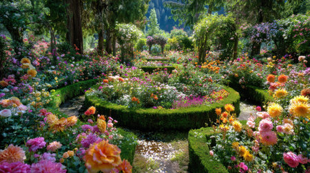 A breathtaking view of a colorful garden filled with vibrant flowers and greenery, inviting visitors to stroll through a picturesque pathway in nature's paradise.の素材