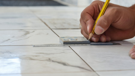 A focused craftsman carefully measures and marks a marble floor tile with a pencil and level tool, showcasing dedication to detail and professionalism in renovation.の素材