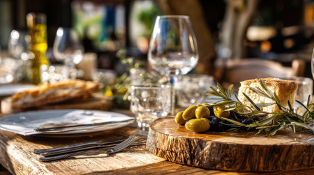 Experience a delightful meal setting featuring fresh olives and bread on a rustic wooden table, surrounded by an inviting and cozy restaurant ambiance.の素材