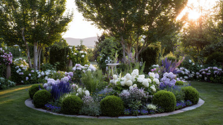 A stunning garden features vibrant flowers and lush greenery, bathed in soft evening sunlight. This serene outdoor space invites relaxation and reflection, perfect for nature lovers.の素材