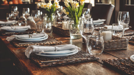 Beautifully arranged dining table with elegant glassware, fresh flowers, and stylish plates, perfect for gatherings and special occasions in a cozy setting.の素材