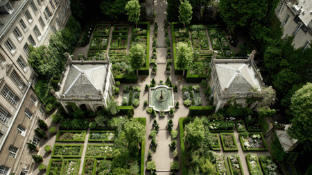 Discover the exquisite charm of this formal garden viewed from above, showcasing meticulously arranged flower beds, elegant fountains, and vibrant greenery in a tranquil setting.の素材