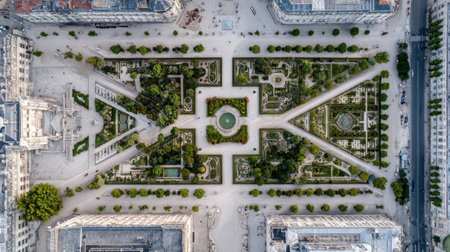 Stunning aerial view of a public garden featuring a symmetrical layout that blends greenery and architectural elements, ideal for relaxation and exploration in an urban setting.の素材