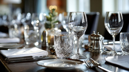 A beautifully arranged dining table featuring elegant glassware and silverware, ideal for upscale gatherings, celebrations, and special dining occasions.の素材