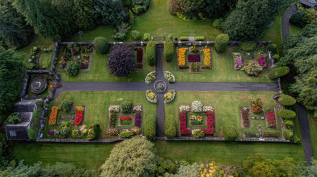Experience the beauty of a vibrant garden from above, showcasing colorful flower beds, lush greenery, and harmonious pathways in a serene outdoor oasis.の素材
